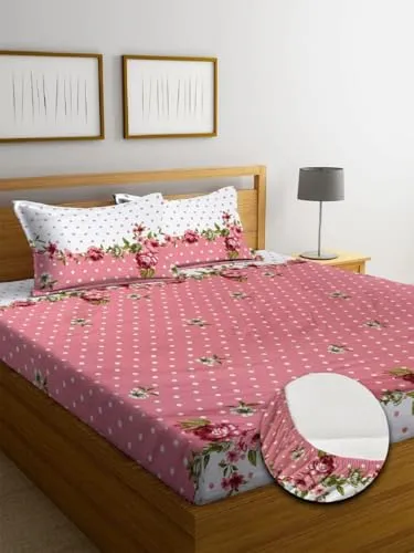 VORDVIGO Combo Pack of 2 Super Soft Elastic Fitted Glace Cotton Double Bedsheets with 4 Pillow Covers Size-72x72 8 inches, Multicolor (Model no.-39)