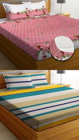 VORDVIGO Combo Pack of 2 Super Soft Elastic Fitted Glace Cotton Double Bedsheets with 4 Pillow Covers Size-72x72 8 inches, Multicolor (Model no.-39)