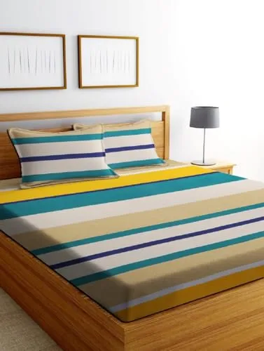 VORDVIGO Combo Pack of 2 Super Soft Elastic Fitted Glace Cotton Double Bedsheets with 4 Pillow Covers Size-72x72 8 inches, Multicolor (Model no.-39)