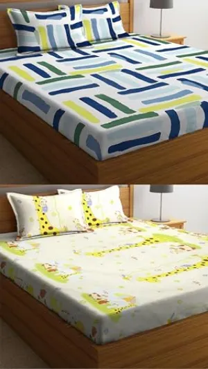 VORDVIGO Combo Pack of 2 Super Soft Elastic Fitted Glace Cotton Double Bedsheets with 4 Pillow Covers Size-72x72 8 inches, Multicolor (Model no.-81)