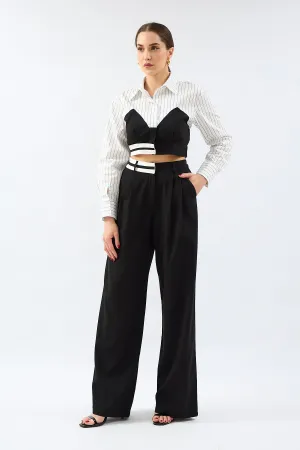 Waist Detailed High Waist Fabric Trousers Black