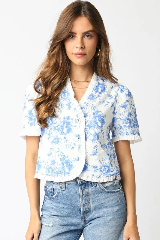 Waitlist 2/20 ♥ Paloma Short Sleeve Button Down Floral Print Top Blue
