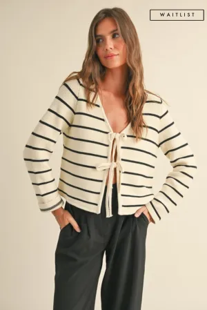 Waitlist 2/5 ♥ Brisa Long Sleeve Bow Tie Stripe Print Cardigan Sweater White