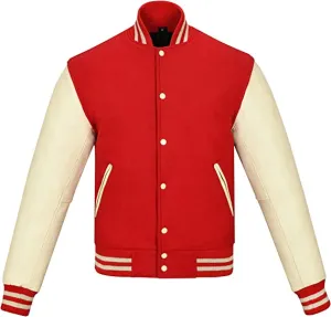 Warrior Gears Classic Hybrid Varsity Jacket for Kids, Toddler Letterman Bomber Jacket for Boys, Unisex Varsity Jacket Girls, Red Pure Wool Body & Cream Cowhide Leather Sleeves