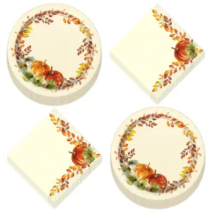 Watercolor Fall Pumpkins and Leaves Paper Dessert Plates and Beverage Napkins (Serves 16)