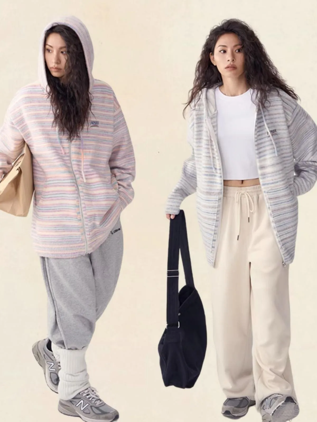 We Love Street Casual Zipper Hoodie Striped Knit Cardigan