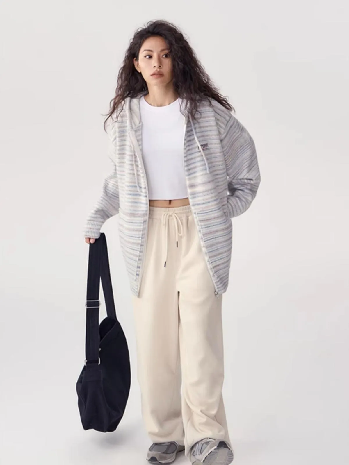 We Love Street Casual Zipper Hoodie Striped Knit Cardigan