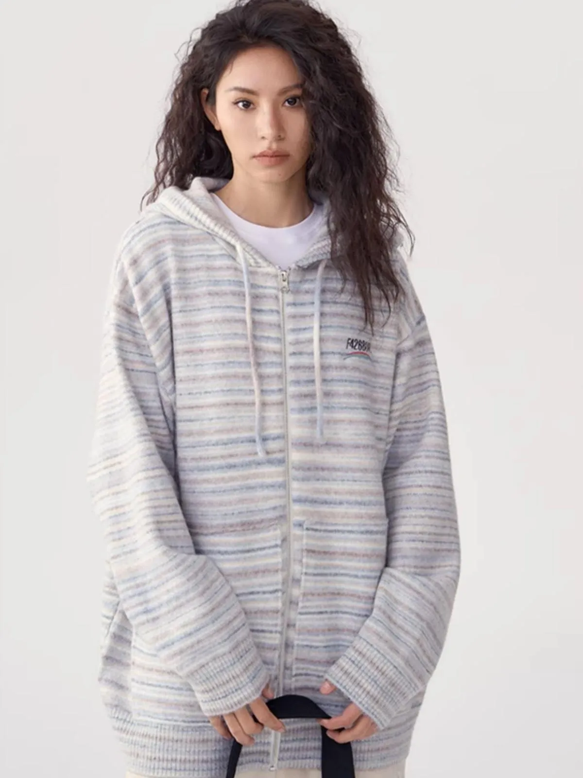 We Love Street Casual Zipper Hoodie Striped Knit Cardigan