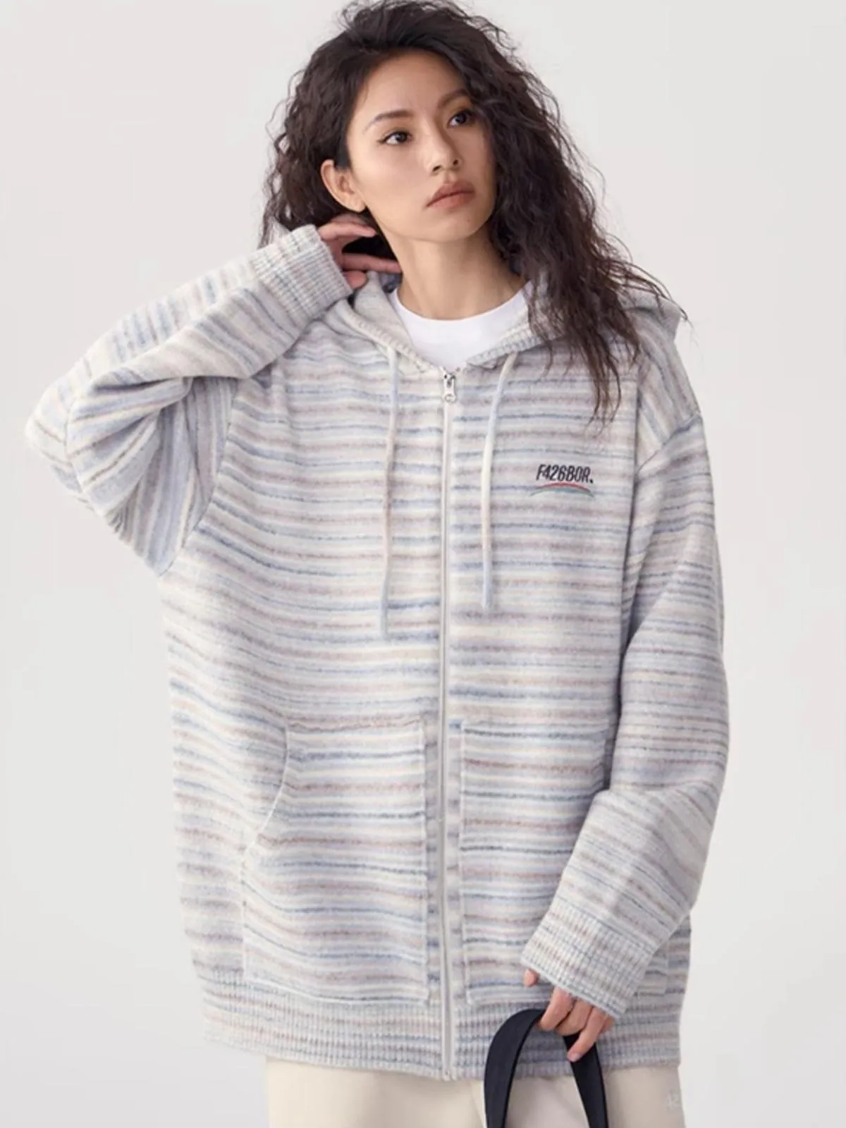 We Love Street Casual Zipper Hoodie Striped Knit Cardigan