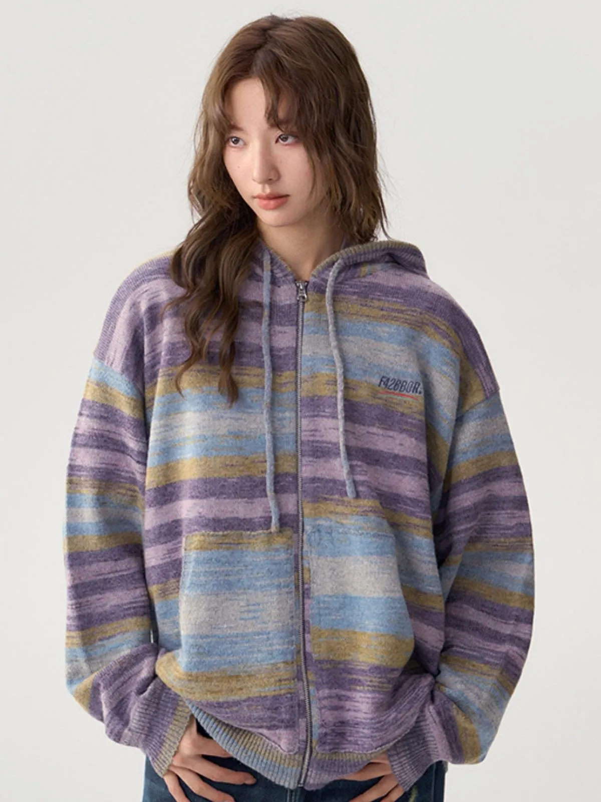 We Love Street Casual Zipper Hoodie Striped Knit Cardigan