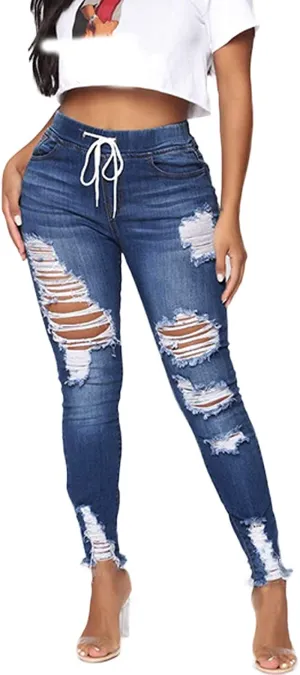 Weigou Women Hole Ripped Jeans Distressed Drawstring Elastic Waist Stretch Skinny Pants Jeans Women