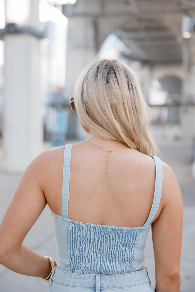 Well Rehearsed Light Wash Rhinestone Studded Denim Tank