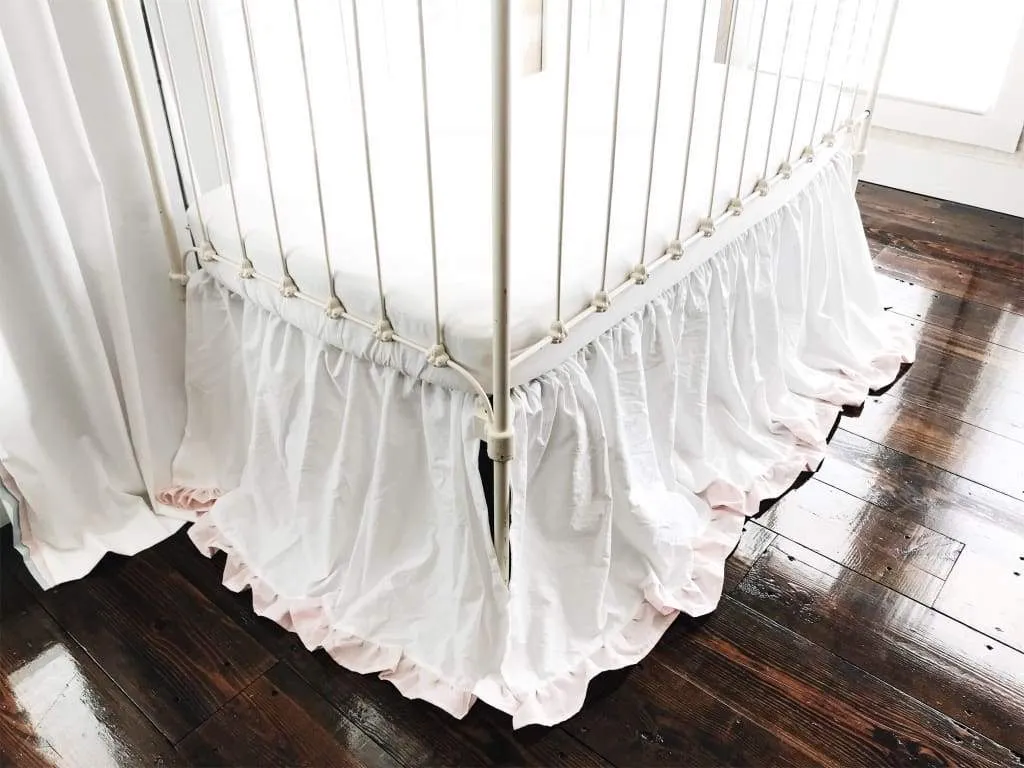 White and Baby Pink Ruffled Crib Skirt