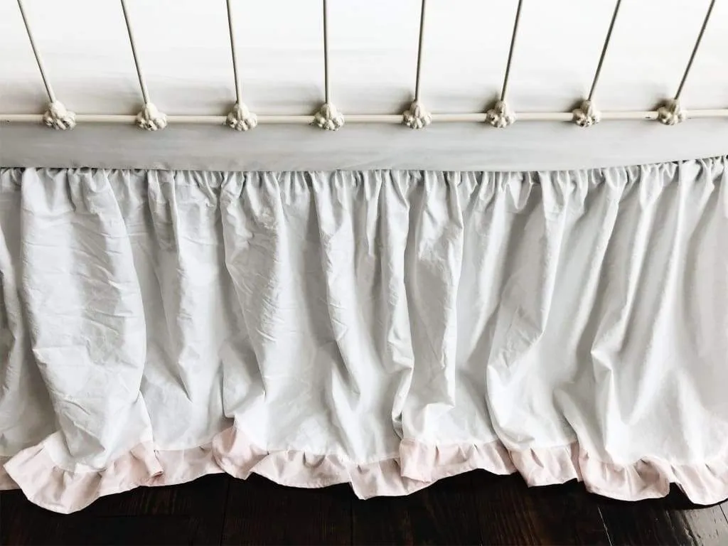 White and Baby Pink Ruffled Crib Skirt