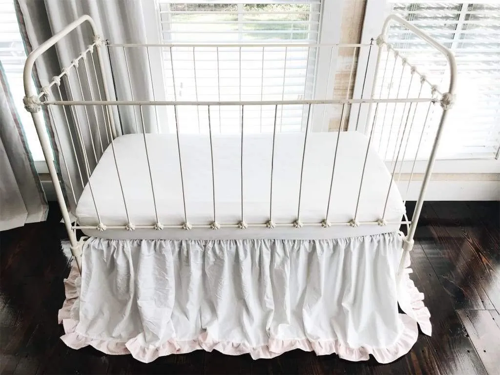 White and Baby Pink Ruffled Crib Skirt