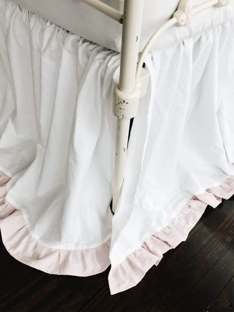 White and Baby Pink Ruffled Crib Skirt
