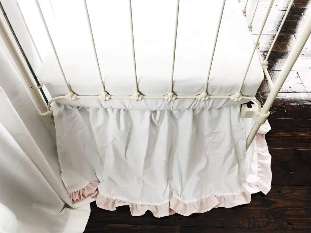 White and Baby Pink Ruffled Crib Skirt
