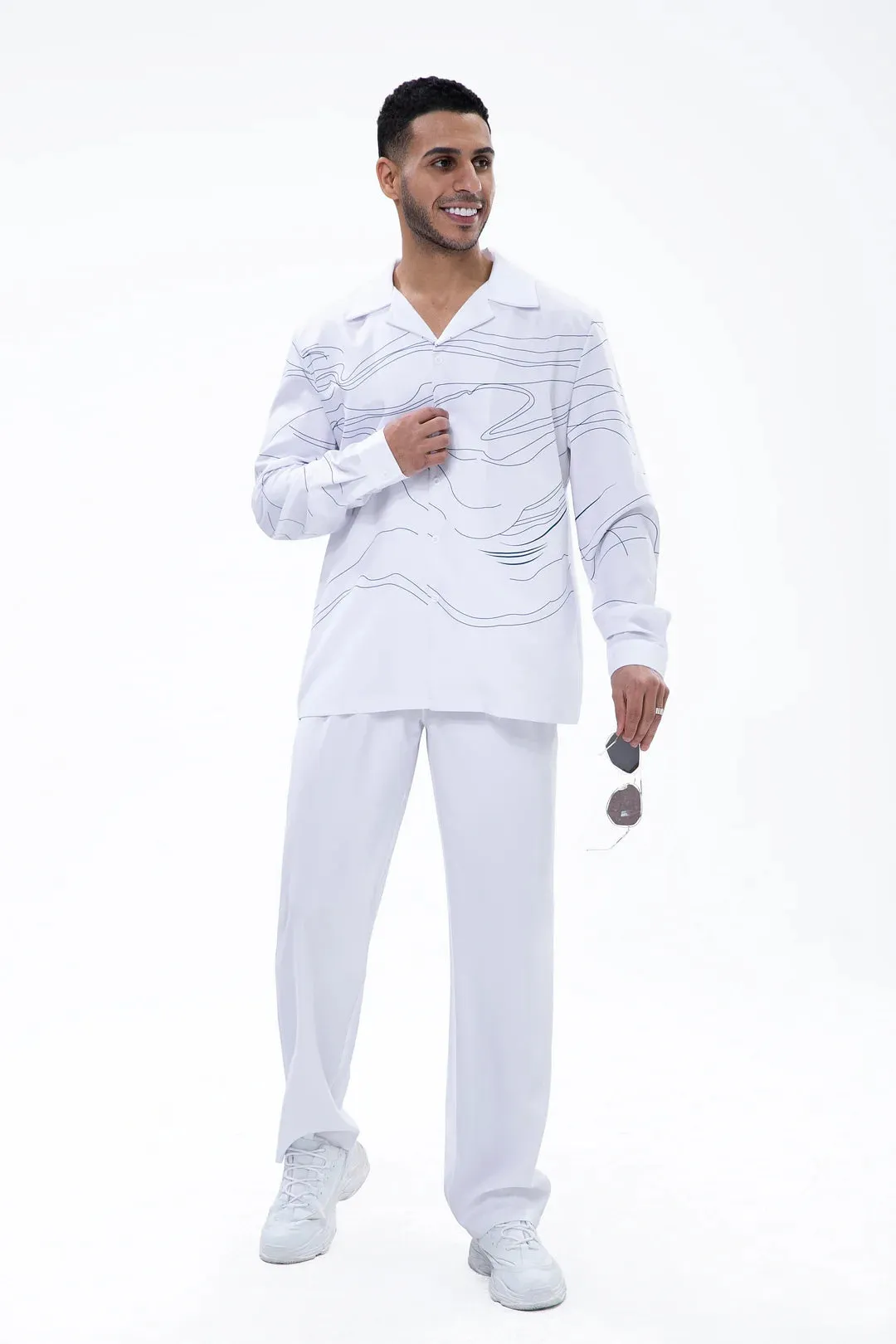 White Art Two-Piece Long Sleeve Print Walking Pants