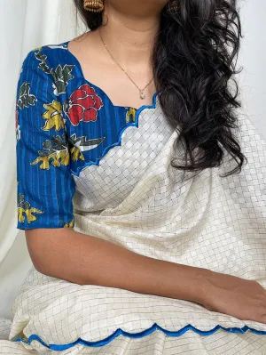 White Color Vibrant Gadwal Chex Saree with Arca Work & Printed Linan Blouse
