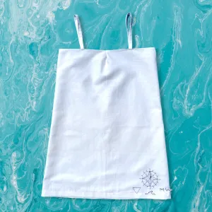 White Linen Spaghetti Beach Dress with Nautical Embroidery Detail