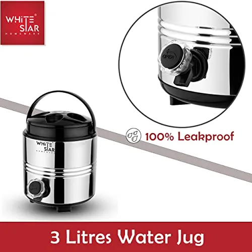 WHITESTAR Stainless Steel 3 Liter Water Containers with Tap - Hot and Cold Upto 4-5 Hours - Travel Water Jug for Office Home Kitchen - Highly Durable & Unbreakable - Easy to Carry Handle