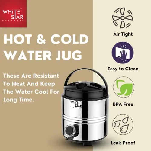 WHITESTAR Stainless Steel 3 Liter Water Containers with Tap - Hot and Cold Upto 4-5 Hours - Travel Water Jug for Office Home Kitchen - Highly Durable & Unbreakable - Easy to Carry Handle