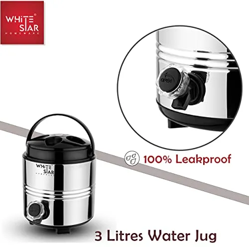 WHITESTAR Stainless Steel 3 Liter Water Containers with Tap - Hot and Cold Upto 4-5 Hours - Travel Water Jug for Office Home Kitchen - Highly Durable & Unbreakable - Easy to Carry Handle