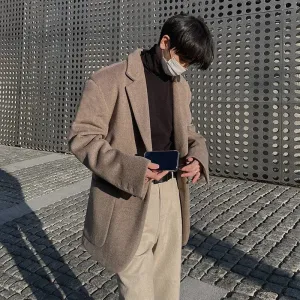 Wiaofellas Autumn New Men's Korean Vintage Woolen Fabric Thickened Premium Business Casual Loose Suit Coat