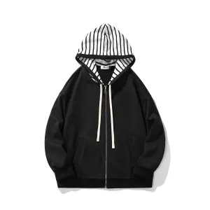 Wiaofellas  - New Mens Sweatshirts Contrast Striped Hat Zipper Hooded Coat Fashion Oversized Clothes Hip Hop Baggy Hoodies Male Black Beige
