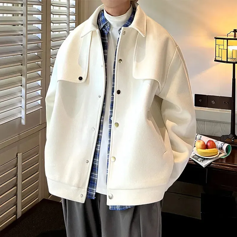 WIAOFELLAS  -  Winter Short Woolen Coat Men Warm Retro Thickened Woolen Jacket Men Streetwear Korean Loose Woolen Coat Mens Oversized Overcoat