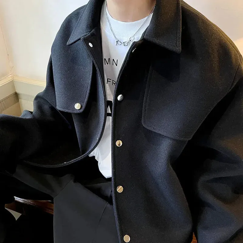 WIAOFELLAS  -  Winter Short Woolen Coat Men Warm Retro Thickened Woolen Jacket Men Streetwear Korean Loose Woolen Coat Mens Oversized Overcoat