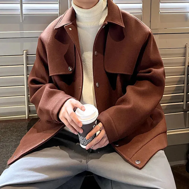 WIAOFELLAS  -  Winter Short Woolen Coat Men Warm Retro Thickened Woolen Jacket Men Streetwear Korean Loose Woolen Coat Mens Oversized Overcoat