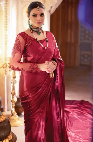 Wine Red Embellished Raw Silk Saree with Net Blouse (Jaanam)