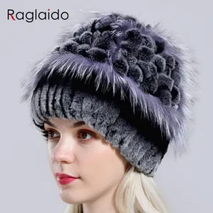 Winter Hat Women Rex Rabbit Fur Warm Knitted Hand Sewn Floral Fox Elegant Stylish Ladies Cold Hat Furry Cap Natural Fur Hat