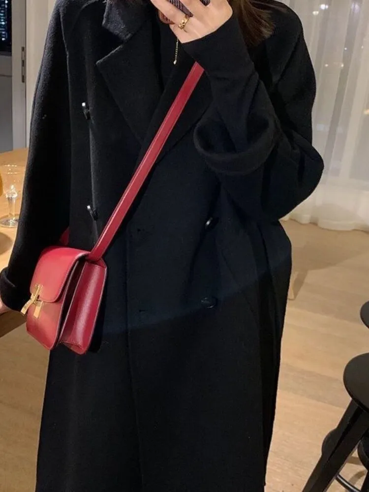 Wjczt Thickened Black Woolen Coat (female) New Korean Long Japanese Woolen Coat In Autumn and Winter Womens Winter Clothing