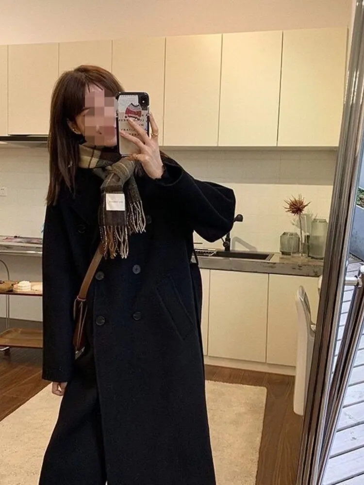 Wjczt Thickened Black Woolen Coat (female) New Korean Long Japanese Woolen Coat In Autumn and Winter Womens Winter Clothing