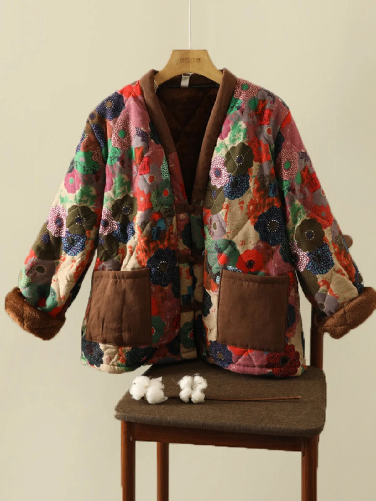 WLS Large Flowered Thickened Cotton Buckle Cardigan