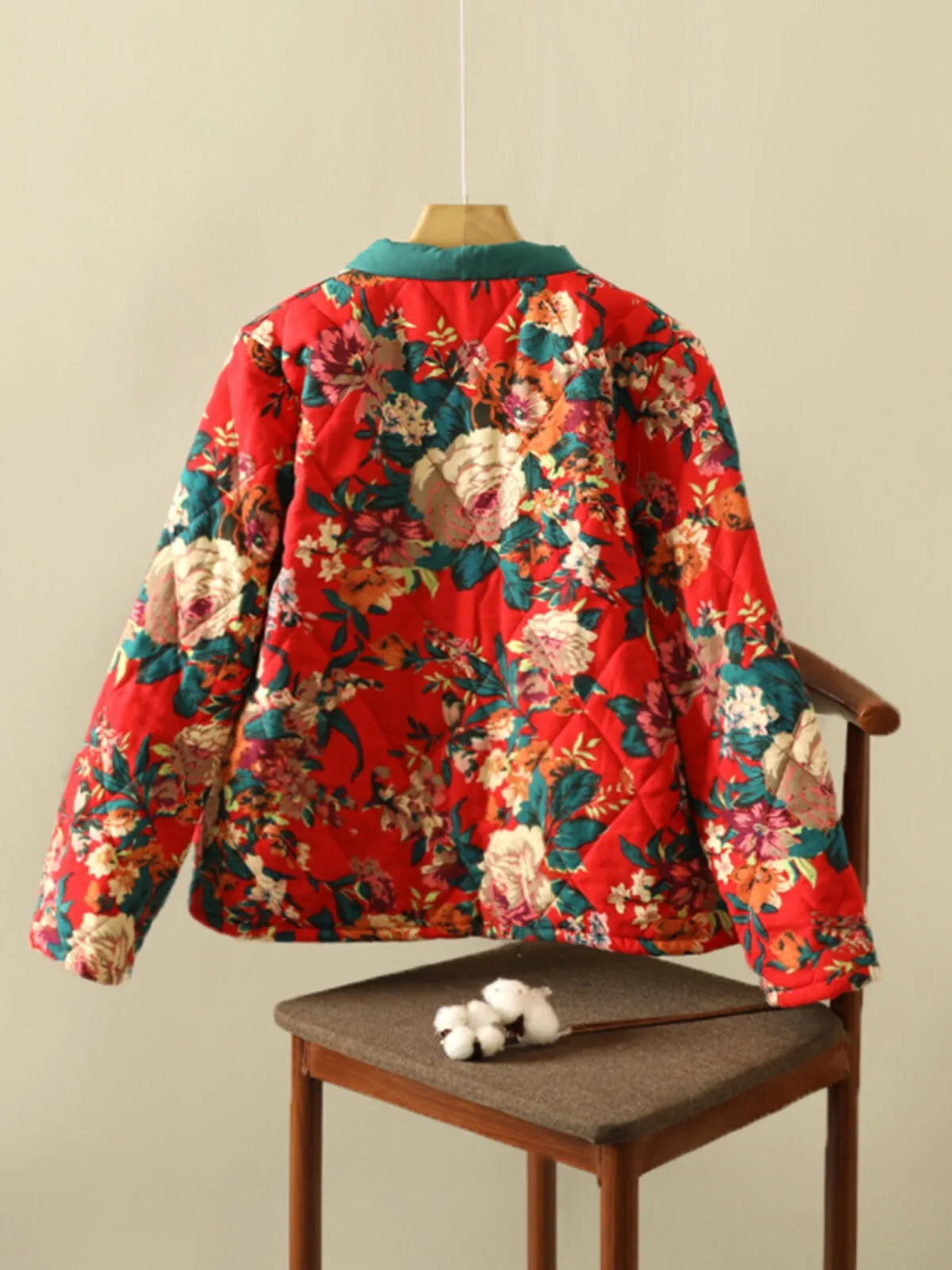 WLS Large Flowered Thickened Cotton Buckle Cardigan