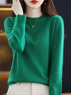 Women Autumn Casual Solid Wool O-Neck Knit Sweater