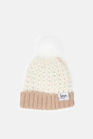 Women Beige And Pink Knitted Cap
