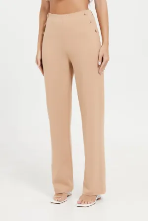 Women Beige High Waist Trouser With Elastic Waistband.