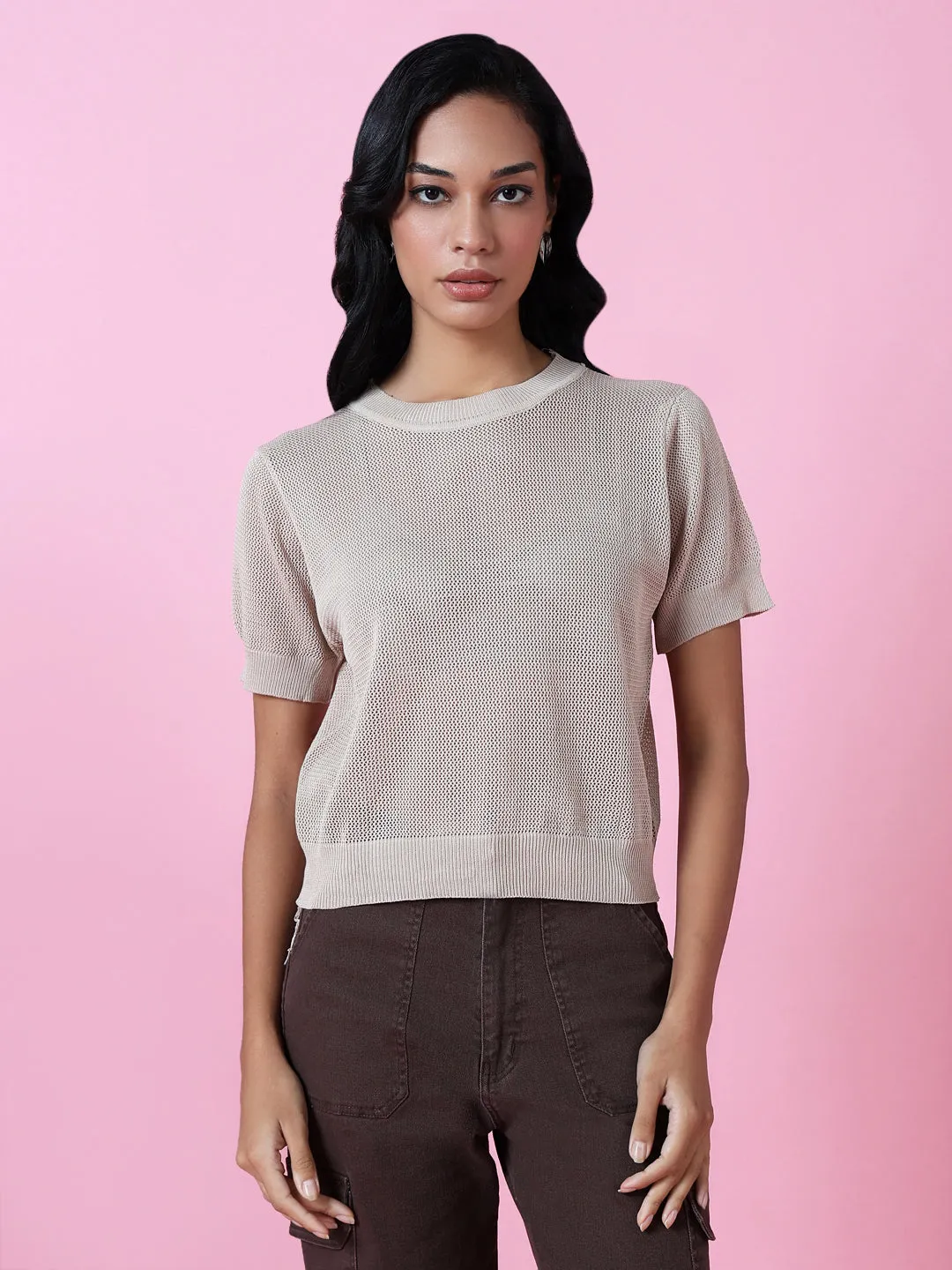 Women Beige Solid Sheer Top