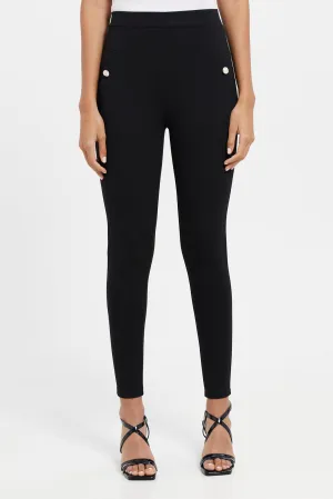 Women Black Double Pocket Button Leggings