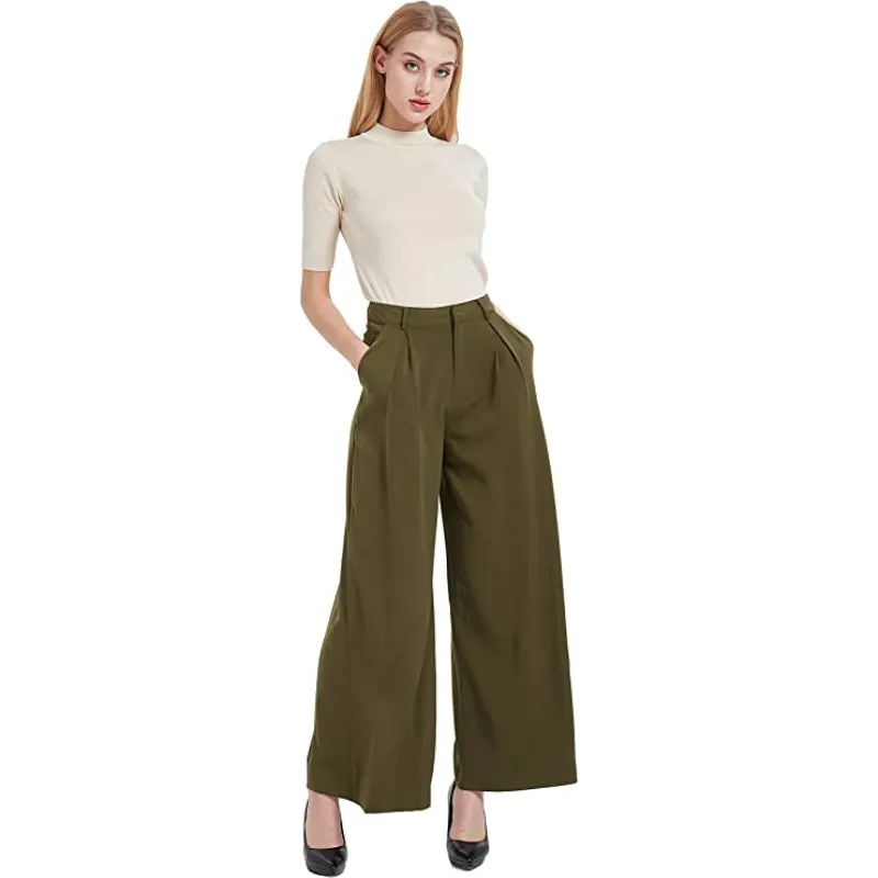 Women High Waist Casual Wide Leg Long Palazzo Pants Regular Trousers