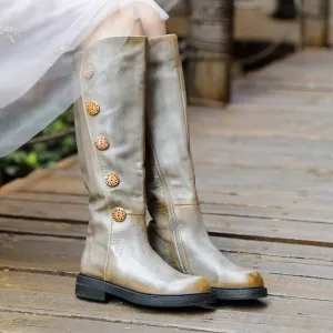 Women Leather Handmade Knee-Length Boots With Ziper Low Heel in Grey/Coffee