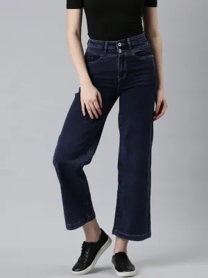 Women Navy Blue Solid Mom Fit Denim Jeans