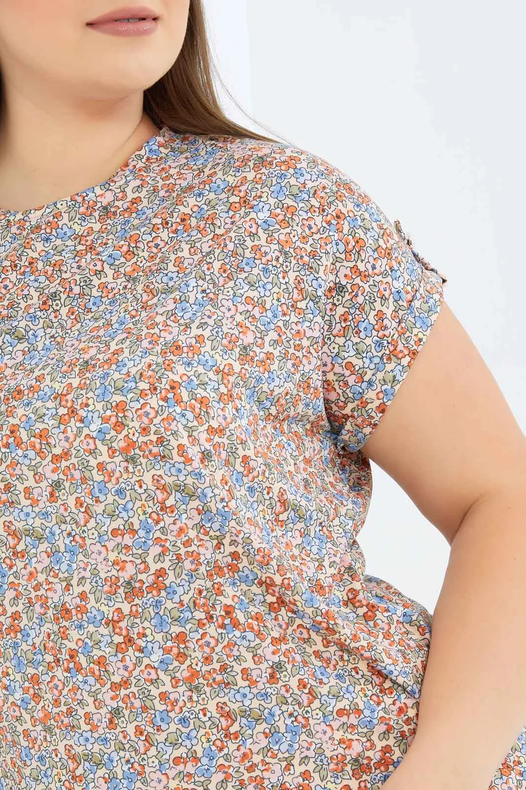 Women Peach Ditsy Floral Printed Drop Shoulder Top