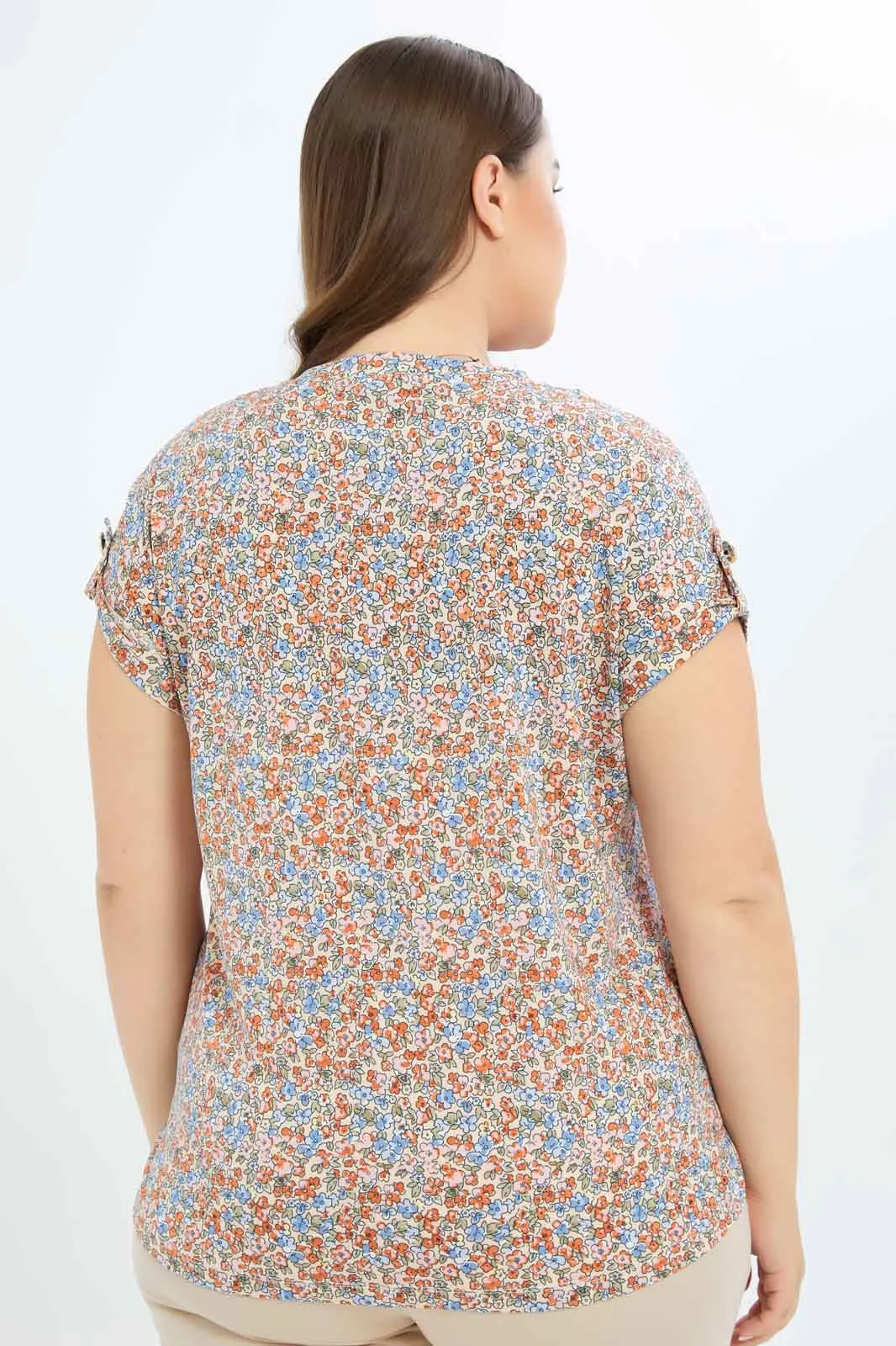 Women Peach Ditsy Floral Printed Drop Shoulder Top