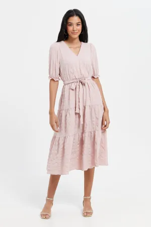 Women Pink Puff Sleeves Tiered Dress