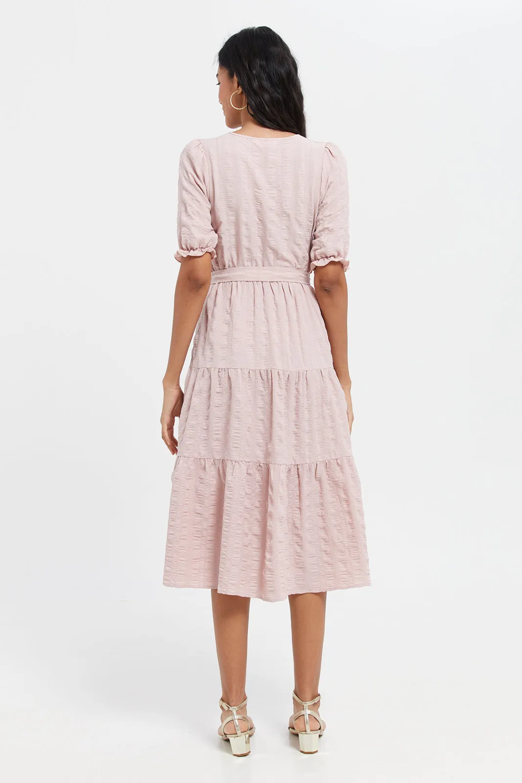 Women Pink Puff Sleeves Tiered Dress